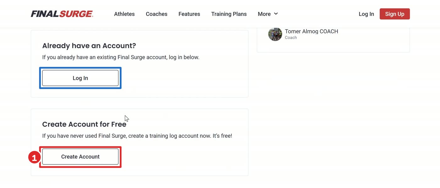דף ההזמנה, הכפתור Create Account מסומן באדום והכפתור Log In בכחול