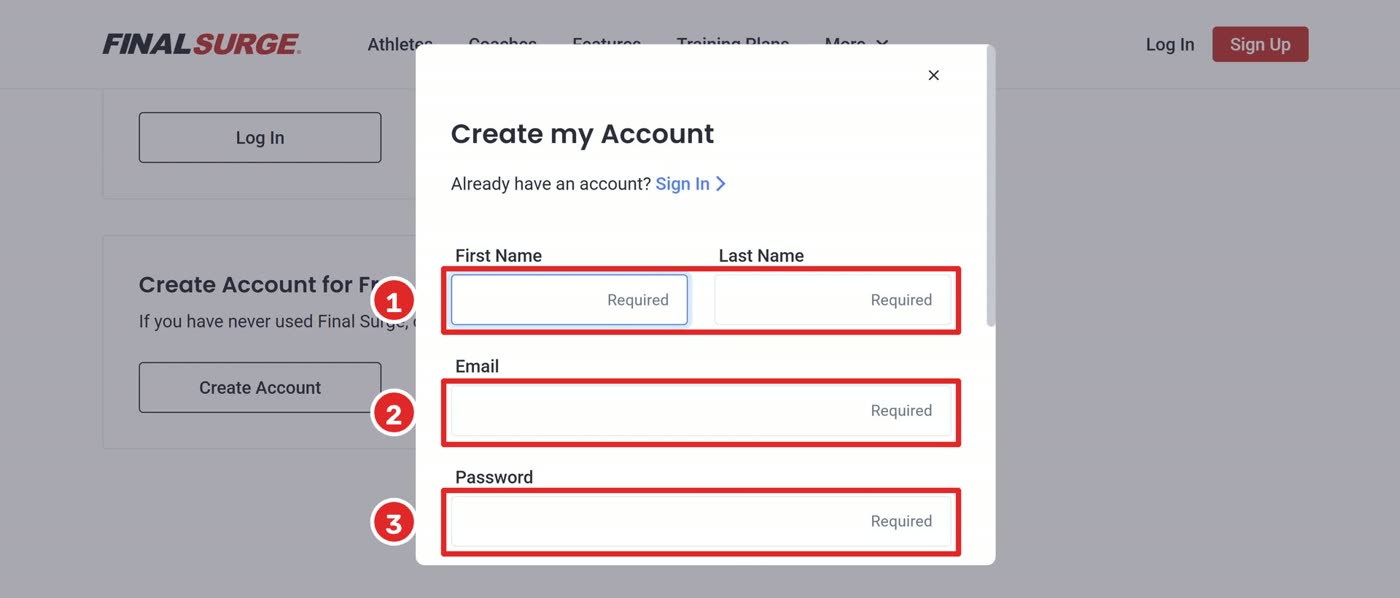 טופס Create my Account, שדות השם, המייל והסיסמה ממוספרים