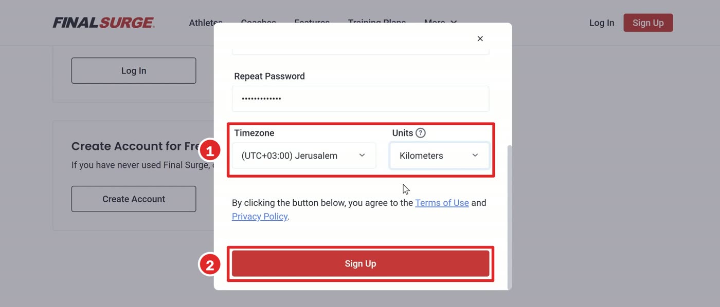 בחירת Timezone ו-Units, וכפתור Sign Up מסומן