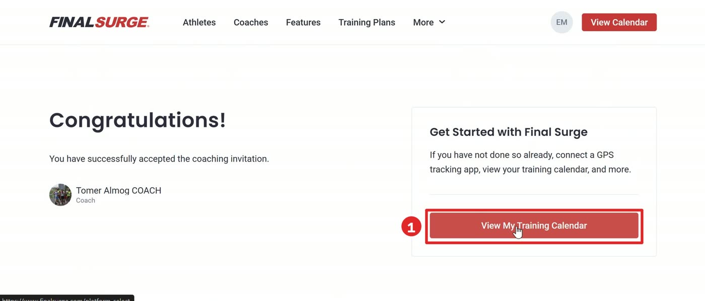 מסך Congratulations, הכפתור View My Training Calendar מסומן
