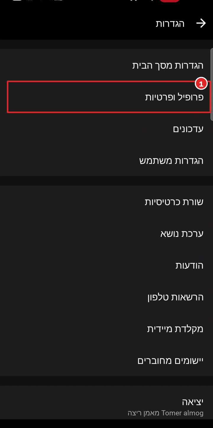 רשימת ההגדרות, פרופיל ופרטיות מסומן
