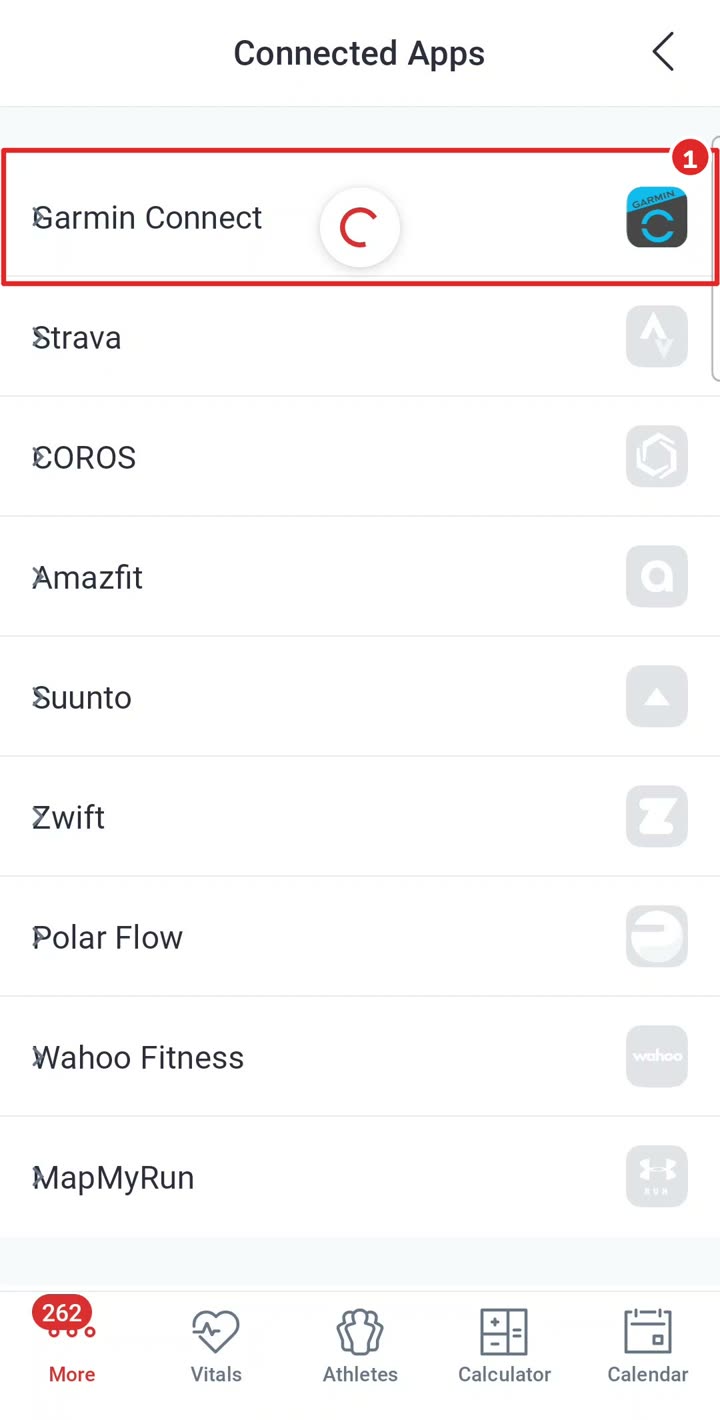 רשימת האפליקציות המחוברות, Garmin Connect מסומן