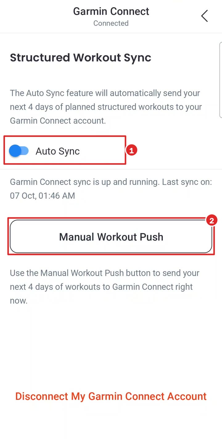 מסך Garmin Connect באפליקציה, Auto Sync ו-Manual Workout Push מסומנים