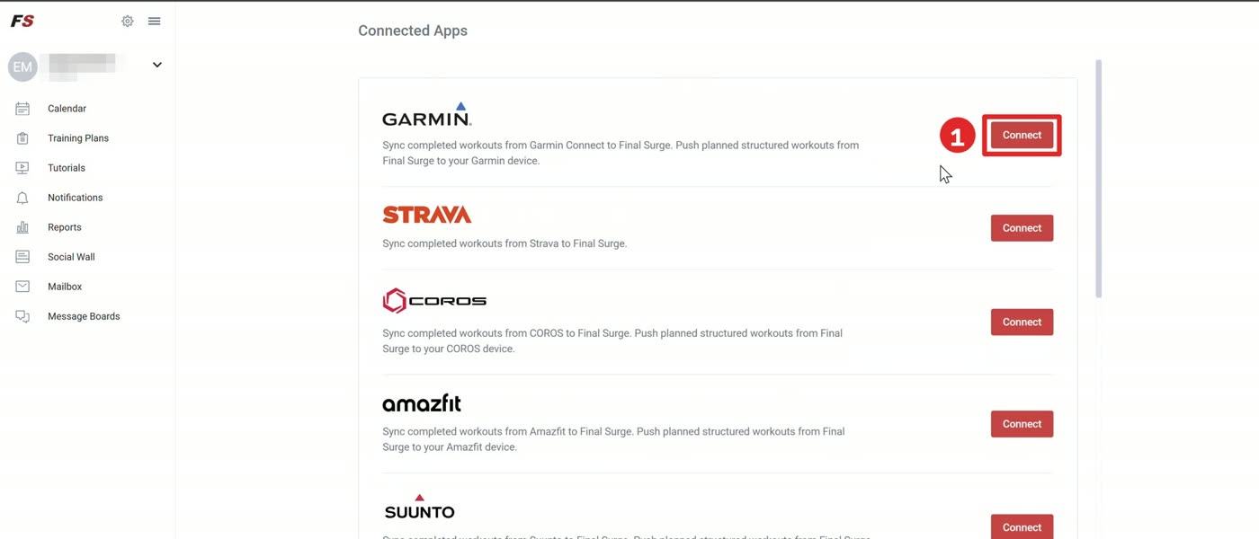 רשימת Connected Apps, הכפתור Connect ליד Garmin מסומן