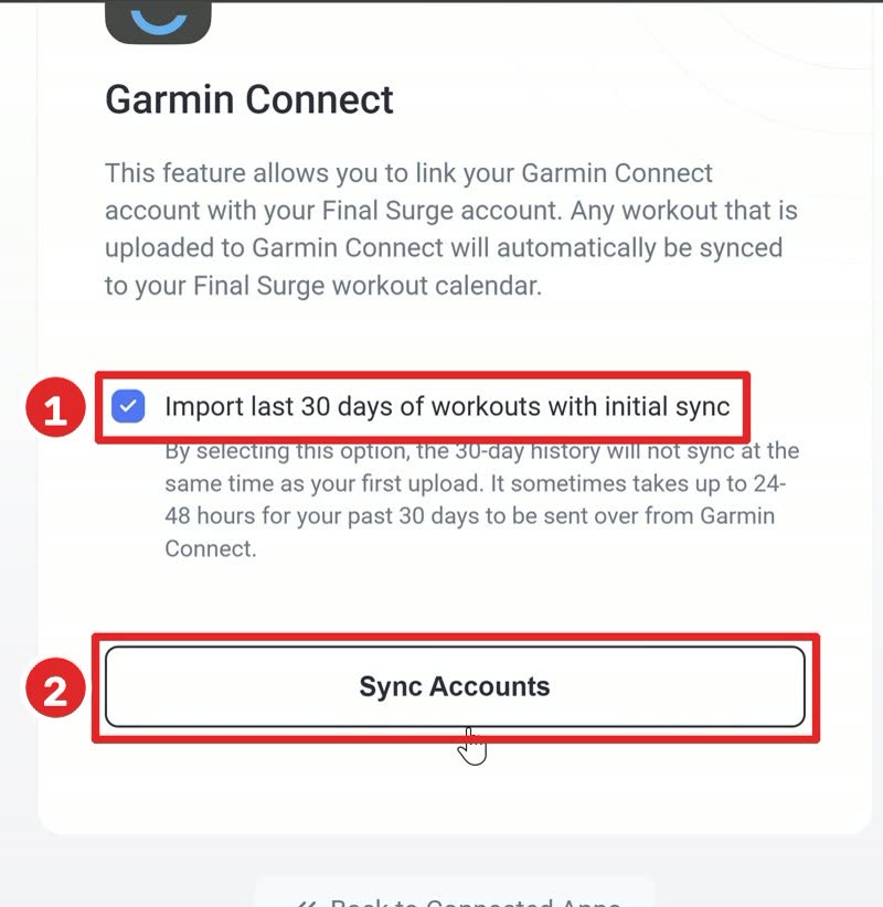 מסך Garmin Connect, תיבת הסימון של ייבוא 30 הימים וכפתור Sync Accounts מסומנים