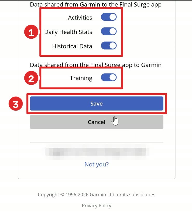 מסך ההרשאות של Garmin, המתגים וכפתור Save מסומנים