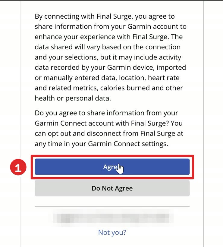 מסך האישור של Garmin, הכפתור Agree מסומן